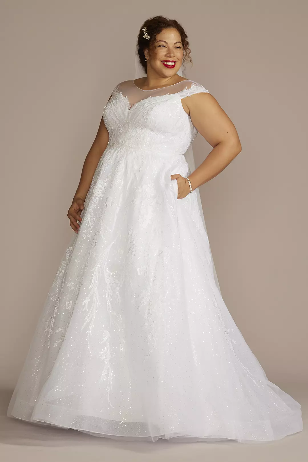 Cap Sleeve V-Back Beaded Ball Gown Wedding Dress Image