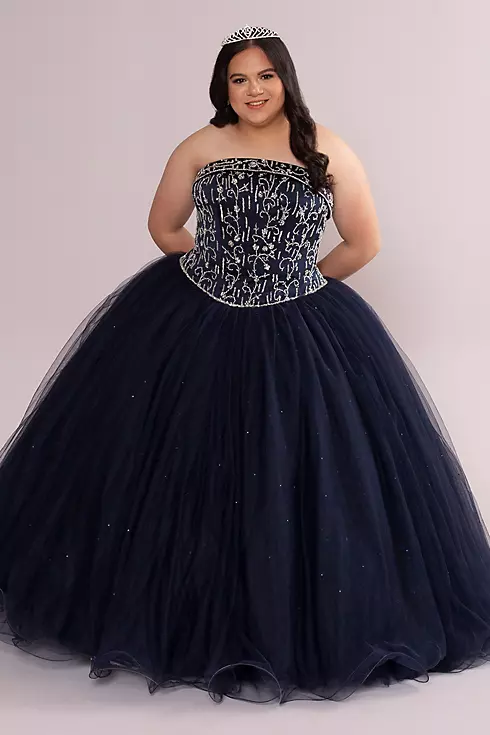 Plus Beaded and Satin Tulle Strapless Quince Dress Image 1