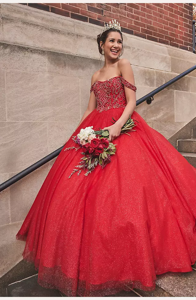 Off-the-Shoulder Beaded Quince Ball Gown Image 4