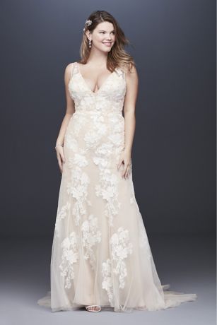 Deep V Plus Size Wedding Gown with Floral Applique