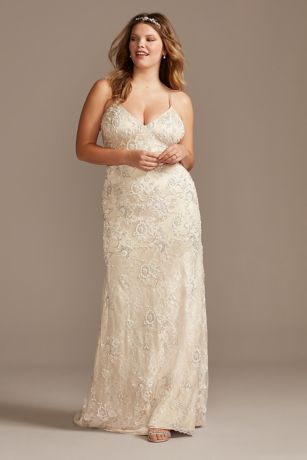 Skinny Strap Sequin Plus Size Lace Wedding Dress