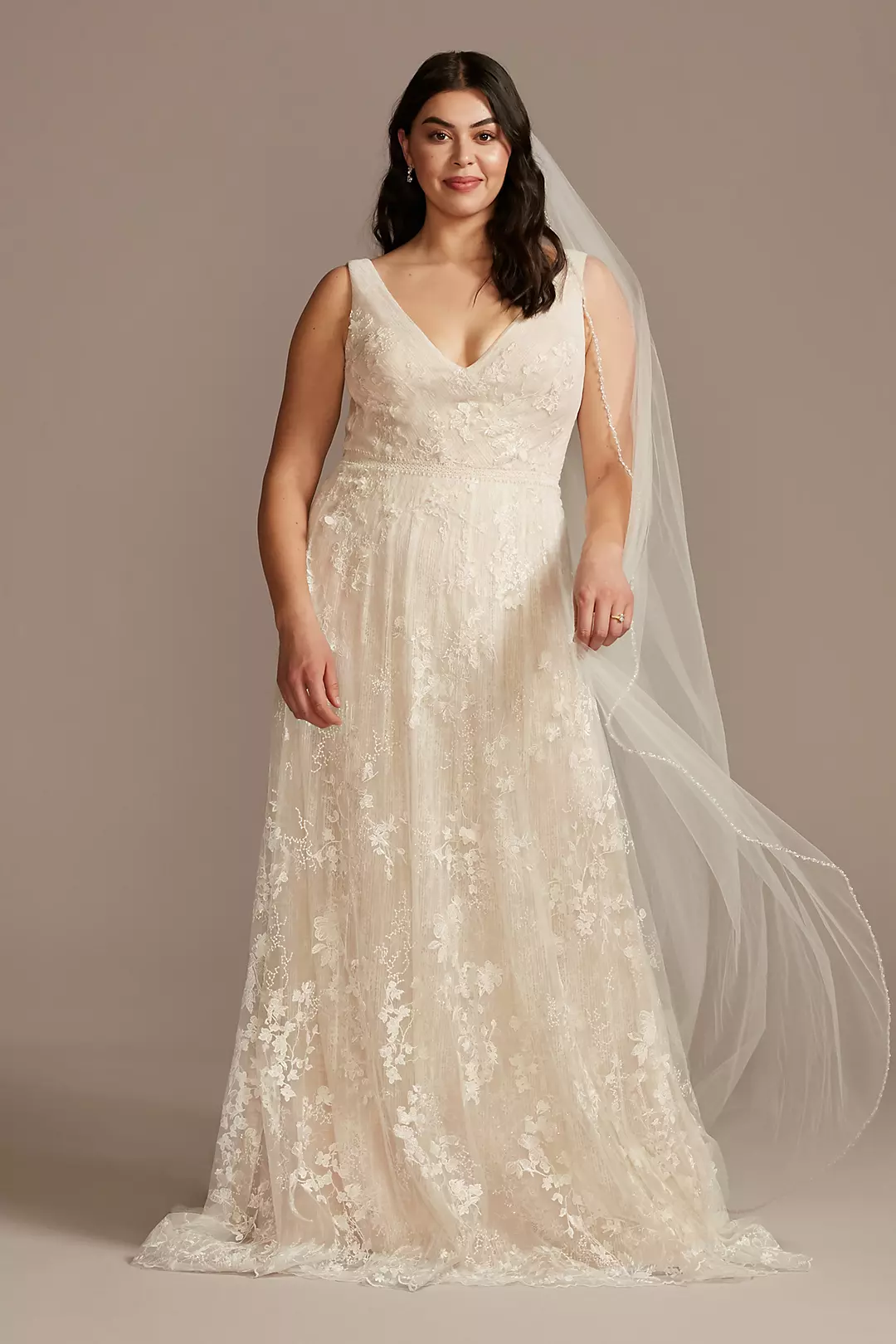 Floral Embroidered Wedding Dress with Veiled Train Image