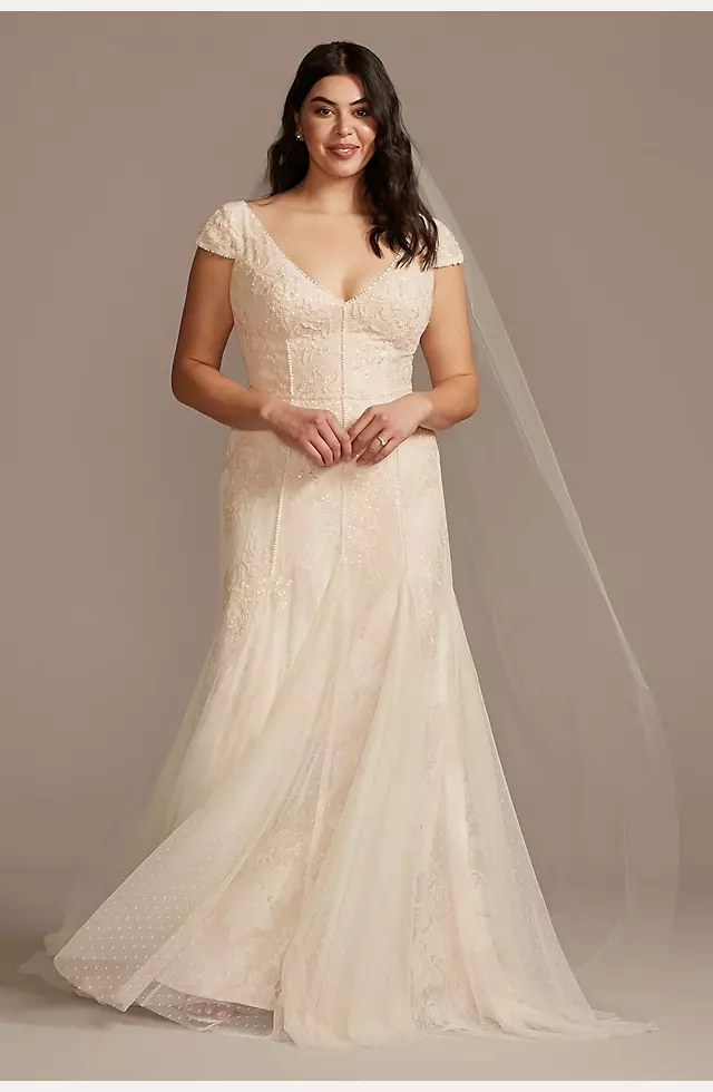 Cap Sleeve Dot Trim Point D'Esprit Wedding Dress | David's Bridal