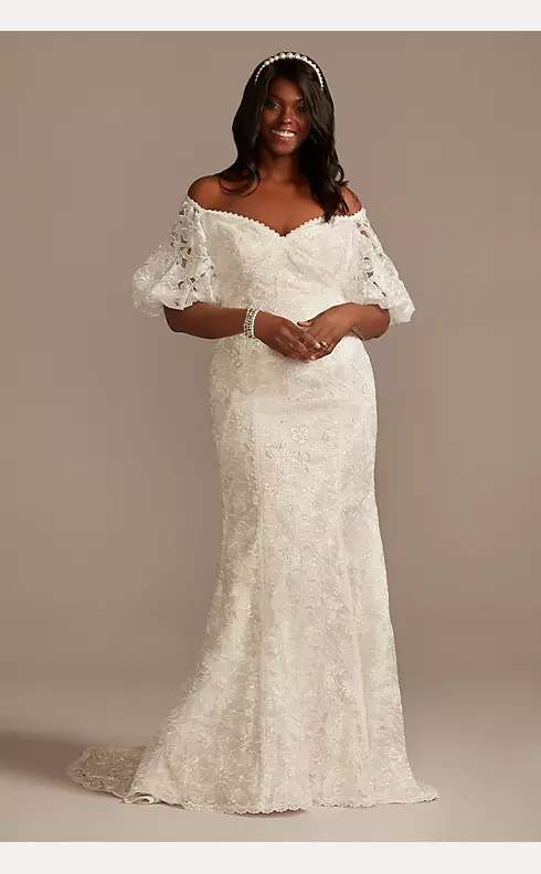 Puff Sleeve Floral Wedding Dress with Low Back Image 2