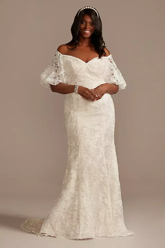 Puff Sleeve Floral Wedding Dress with Low Back Image 2