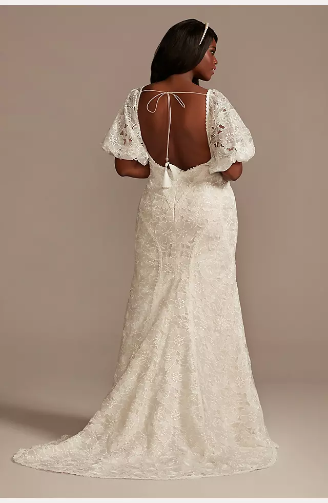 Puff Sleeve Floral Wedding Dress with Low Back Image 3