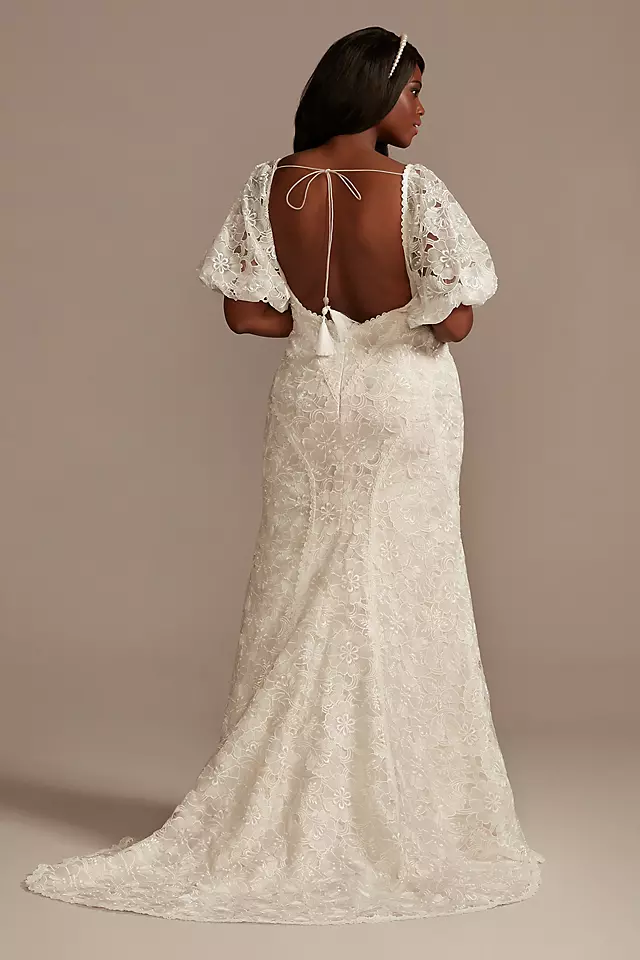 Puff Sleeve Floral Wedding Dress with Low Back Image 3