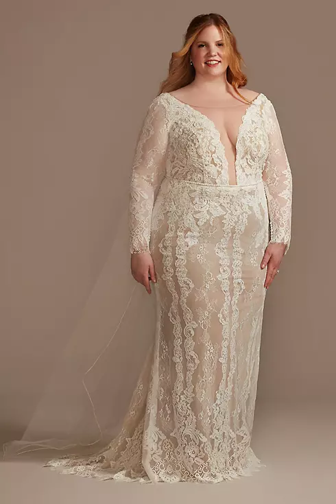 Illusion Plunge Long Sleeve Lace Wedding Dress Image 1