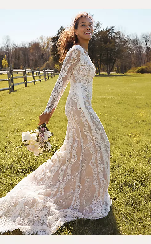 Illusion Plunge Long Sleeve Lace Wedding Dress Image 7