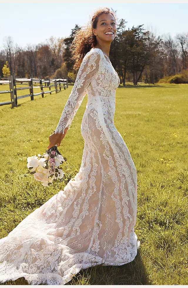 Illusion Plunge Long Sleeve Lace Wedding Dress Image 7