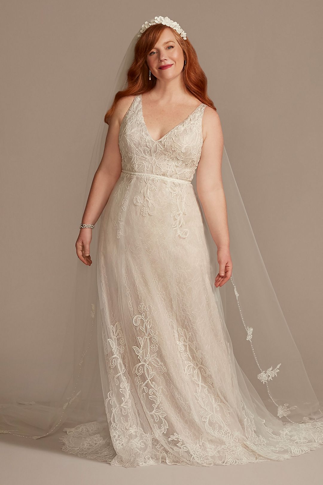 V-Neck Lace Plus Wedding Dress with Scallop Hem Image 1
