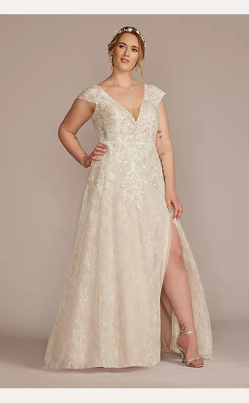 Beaded Lace Cap Sleeve Wedding Dress with Slit Image 1