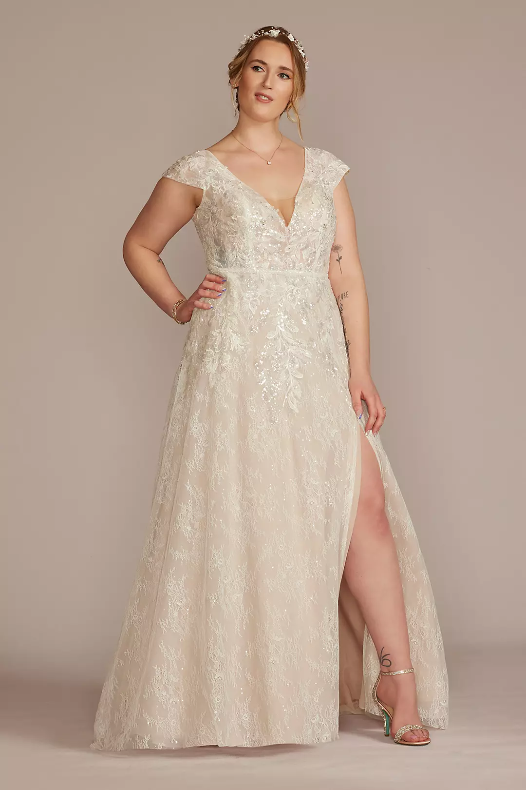 Beaded Lace Cap Sleeve Wedding Dress with Slit Image