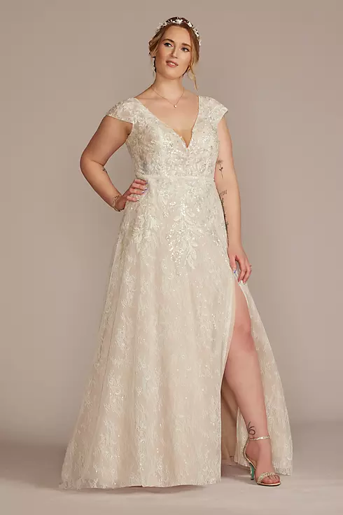 Beaded Lace Cap Sleeve Wedding Dress with Slit Image 1