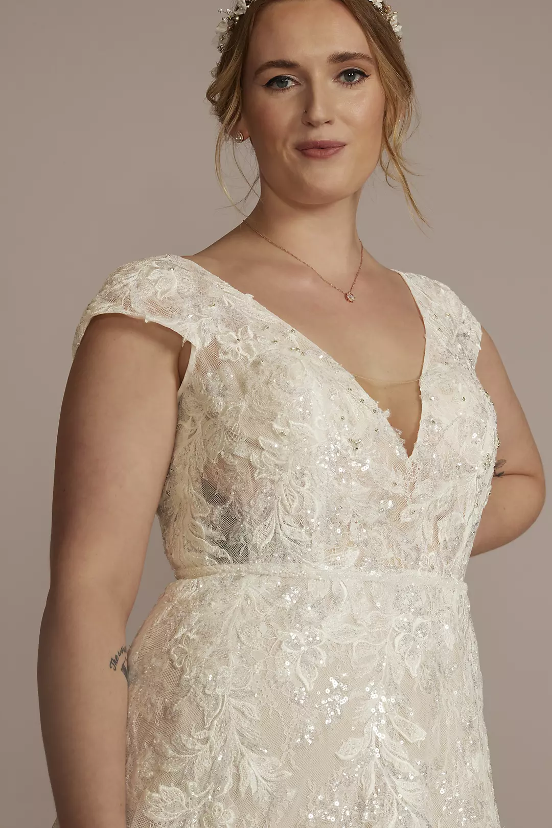 Beaded Lace Cap Sleeve Wedding Dress with Slit Image 3