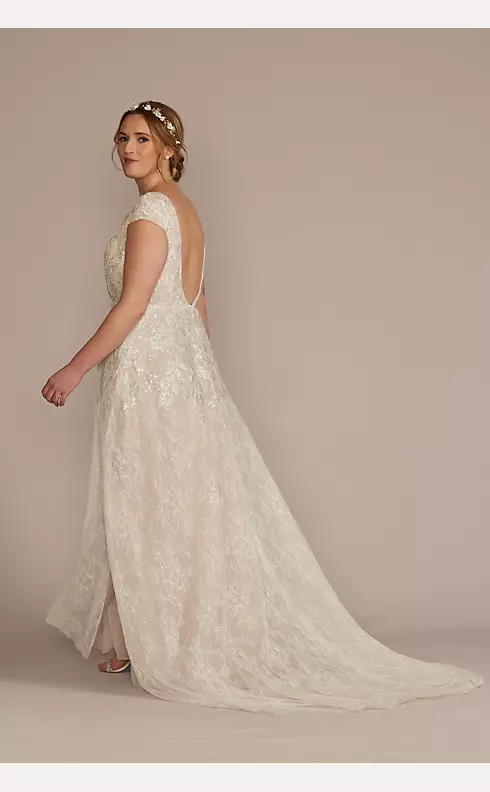Beaded Lace Cap Sleeve Wedding Dress with Slit Image 2