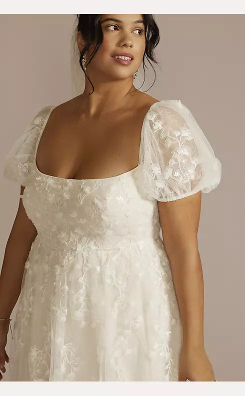 Embroidered Puff Sleeve Empire Waist Wedding Dress Image 3