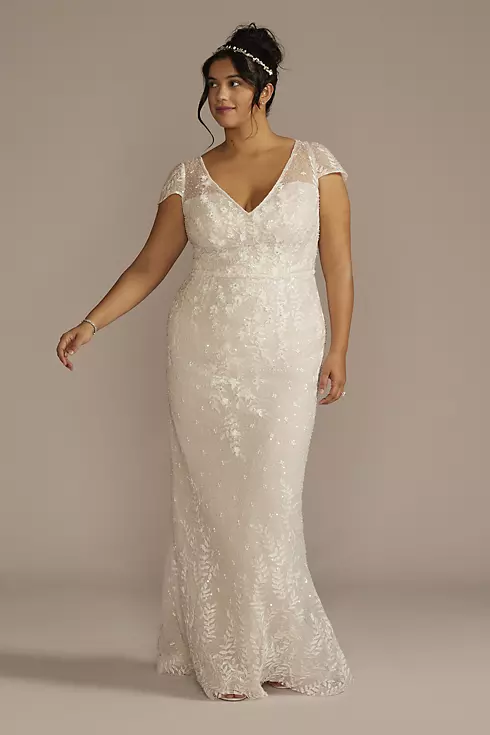 Cap Sleeve V-Neck Beaded Lace Sheath Wedding Dress Image 1