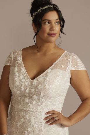 Cap Sleeve V-Neck Beaded Lace Sheath Wedding Dress | David's Bridal