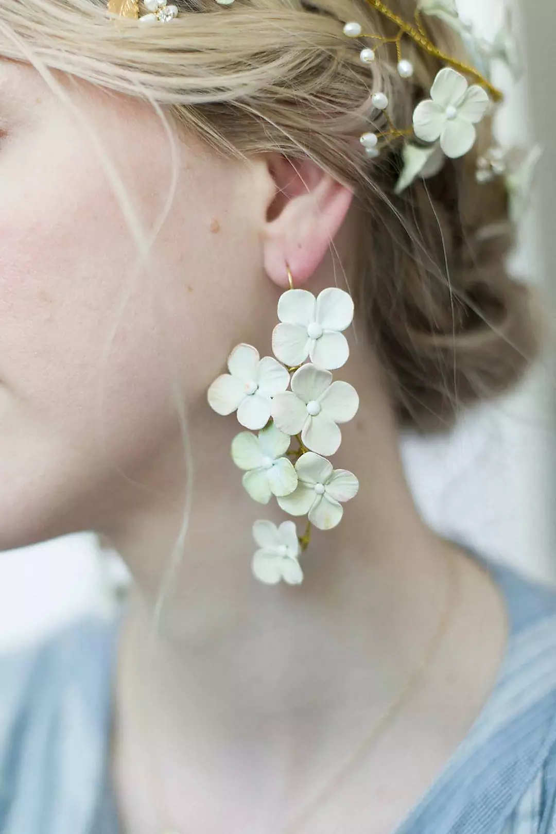 Handwired Asymmetrical Clay Hydrangea Earrings Image