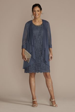 Embellished Lace Sheath Dress with Chiffon Jacket David's Bridal