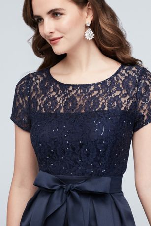 Short Sleeve Sequin Lace and Mikado Midi Dress | David's Bridal