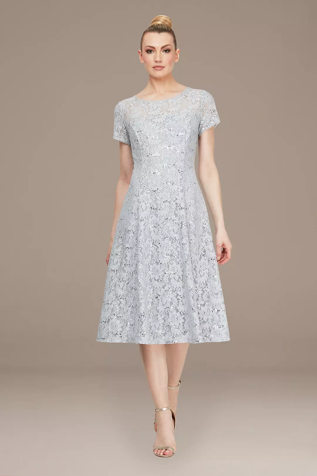 Sequin Lace Cap Sleeve Tea-Length Dress | David's Bridal