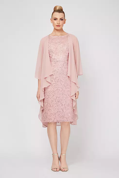 Embroidered Sequin Lace Dress with Chiffon Capelet Image 1