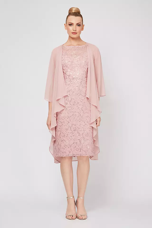 Embroidered Sequin Lace Dress with Chiffon Capelet Image