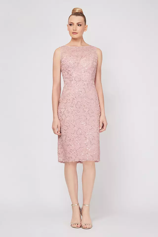 Embroidered Sequin Lace Dress with Chiffon Capelet Image 3