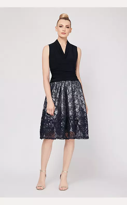 Short V-Neck Ruched Waist Dress with Lace Skirt Image 1