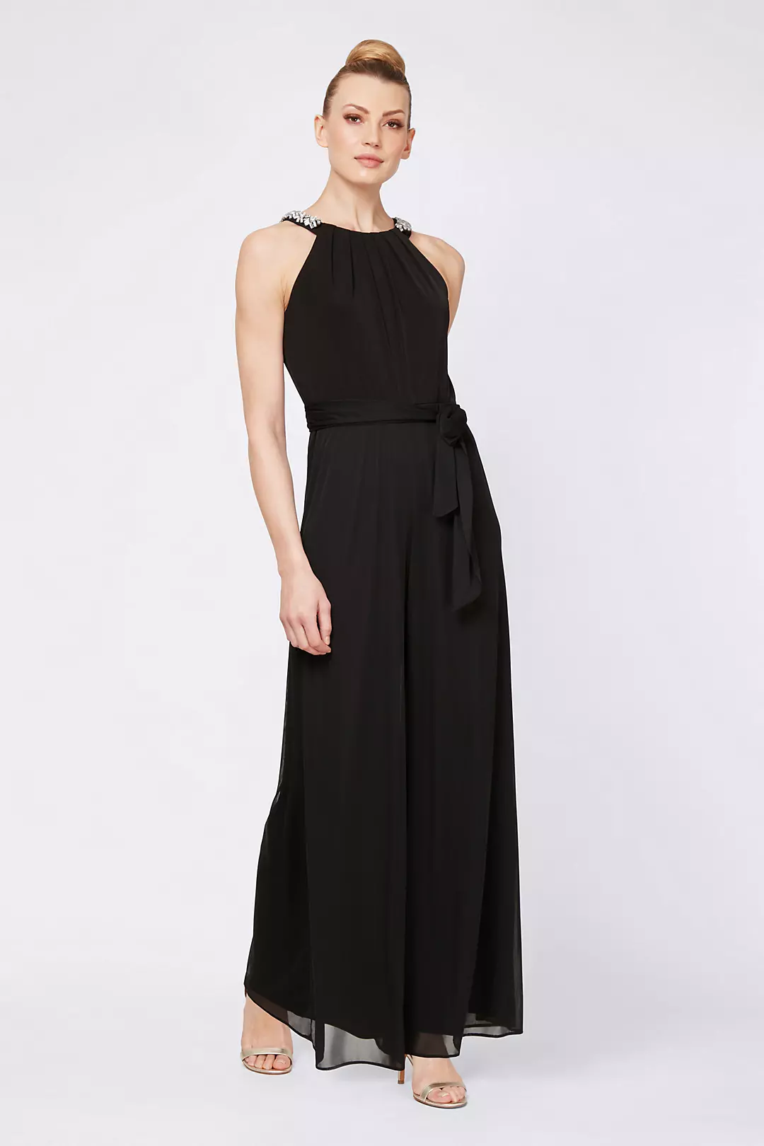 Chiffon Jumpsuit with Beaded Neckline and Sash Image