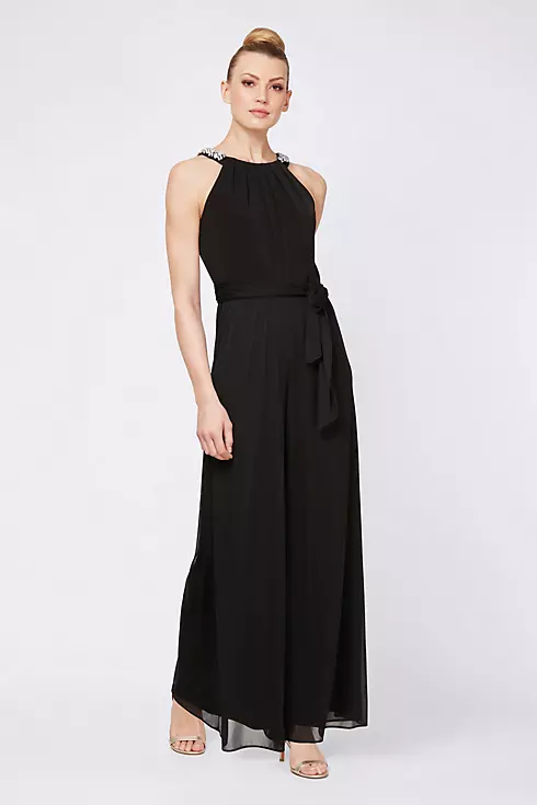 Chiffon Jumpsuit with Beaded Neckline and Sash Image 1