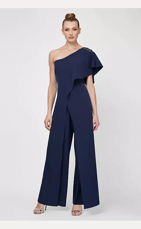 Beaded One-Shoulder Jumpsuit with Chiffon Overlay Image 1