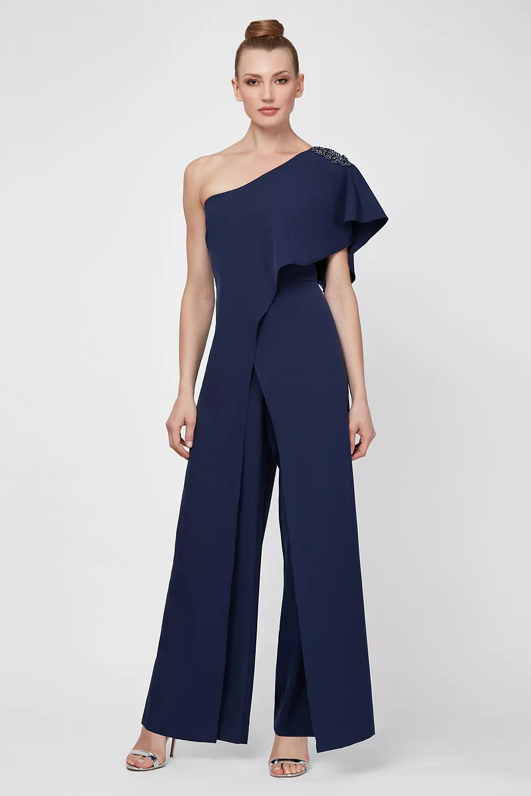 Beaded One-Shoulder Jumpsuit with Chiffon Overlay Image