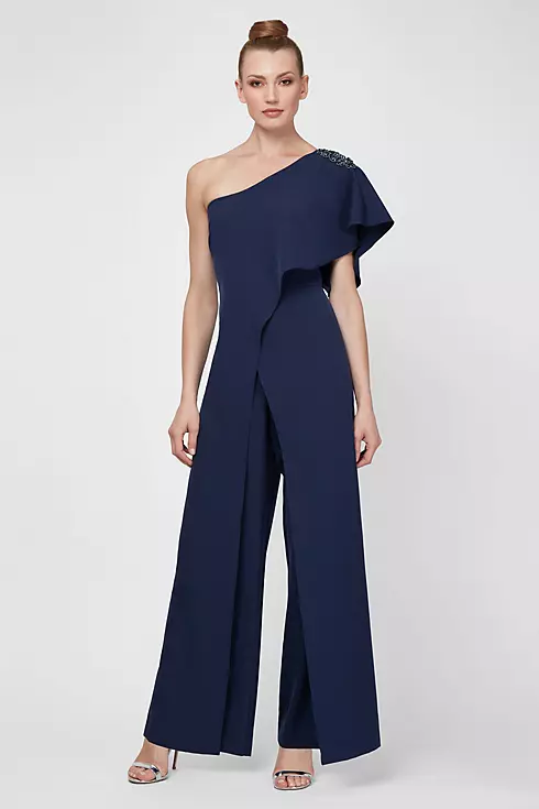 Beaded One-Shoulder Jumpsuit with Chiffon Overlay Image 1