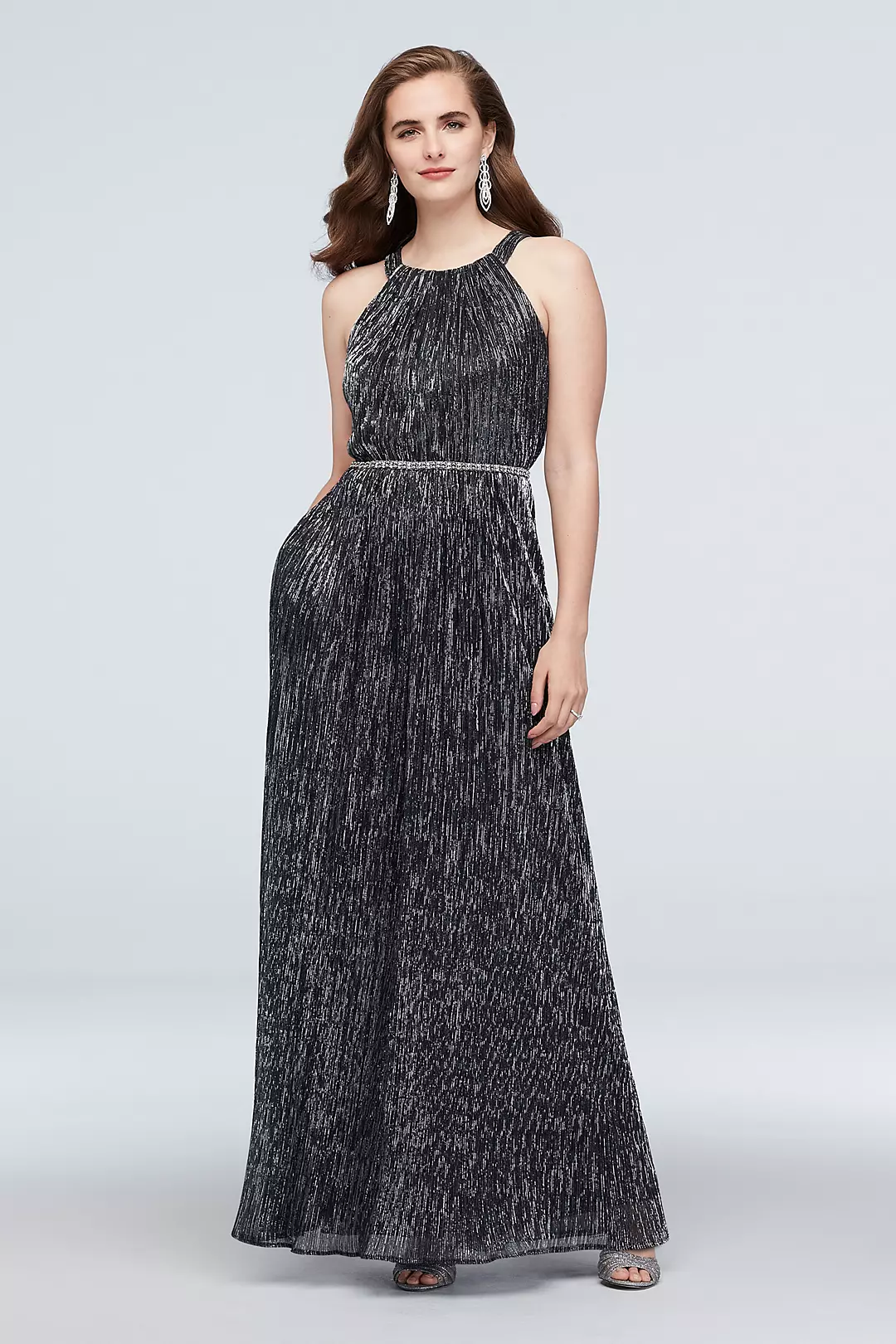 Shimmer Metallic Halter Gown with Beaded Belt Image
