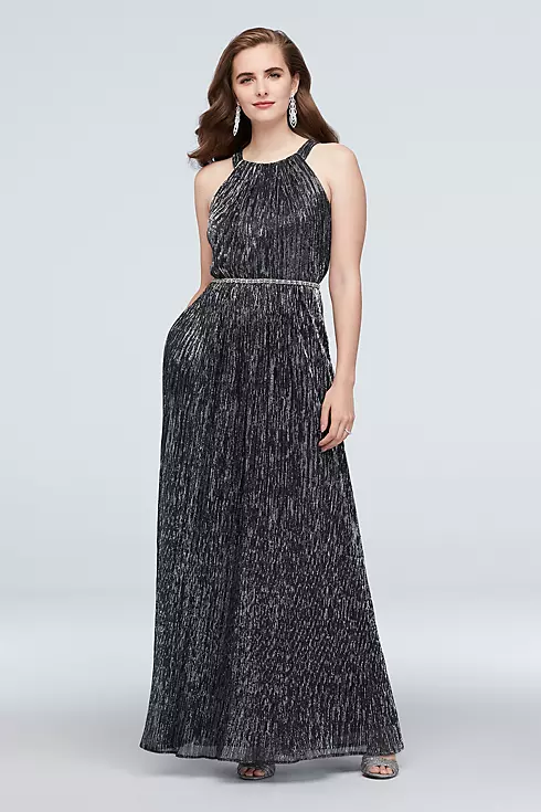 Shimmer Metallic Halter Gown with Beaded Belt Image 1
