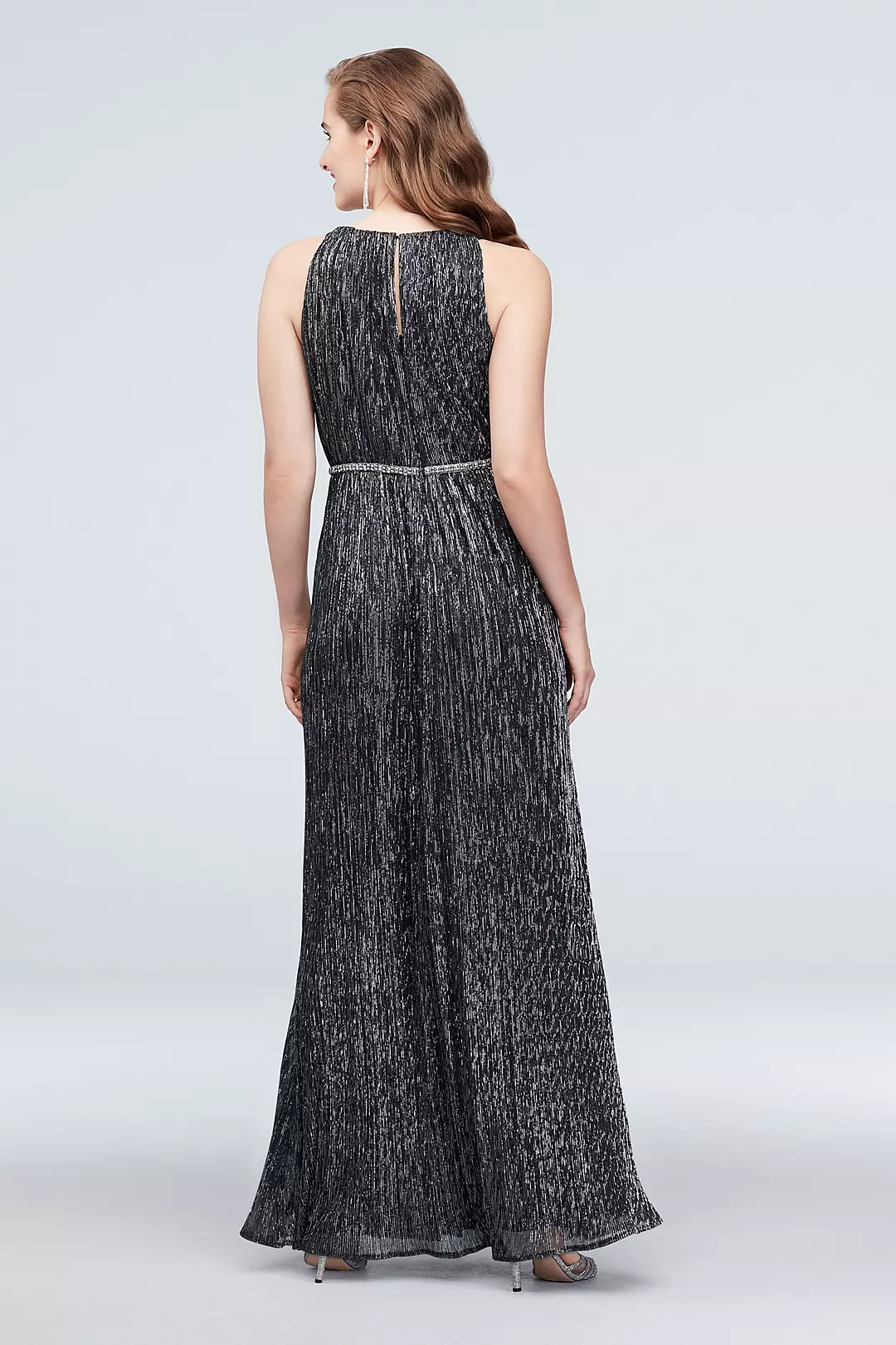 Shimmer Metallic Halter Gown with Beaded Belt Image 2