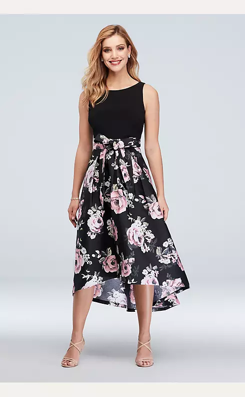 Boat Neck Floral High-Low Ball Gown with Bow Image 1
