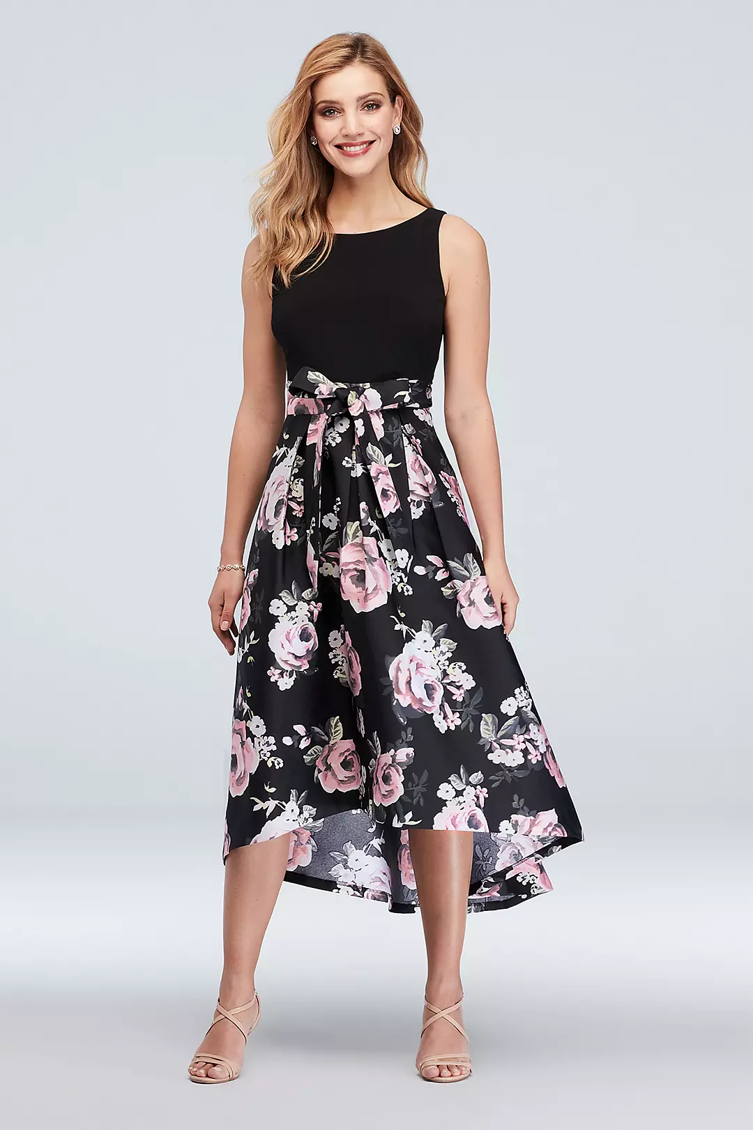 Boat Neck Floral High-Low Ball Gown with Bow Image