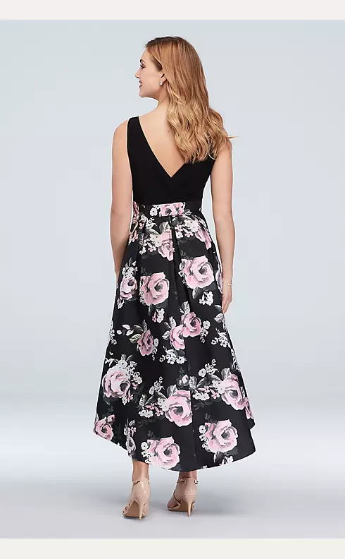 Boat Neck Floral High-Low Ball Gown with Bow Image 2