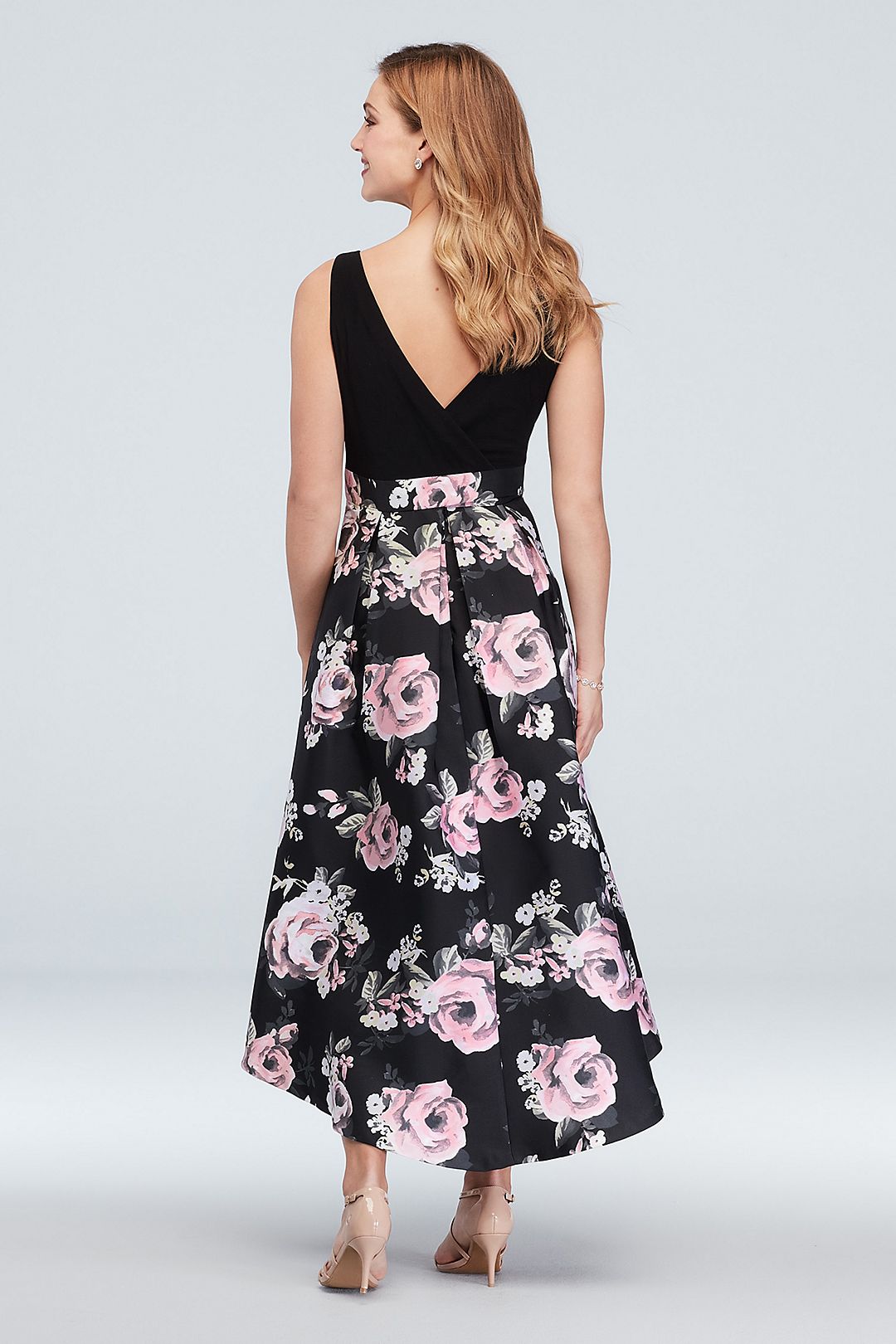 Boat Neck Floral High-Low Ball Gown with Bow Image 2