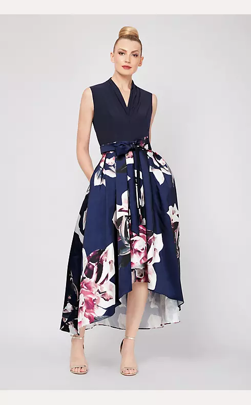 V-Neck Floral Printed Mikado High-Low Ball Gown Image 1