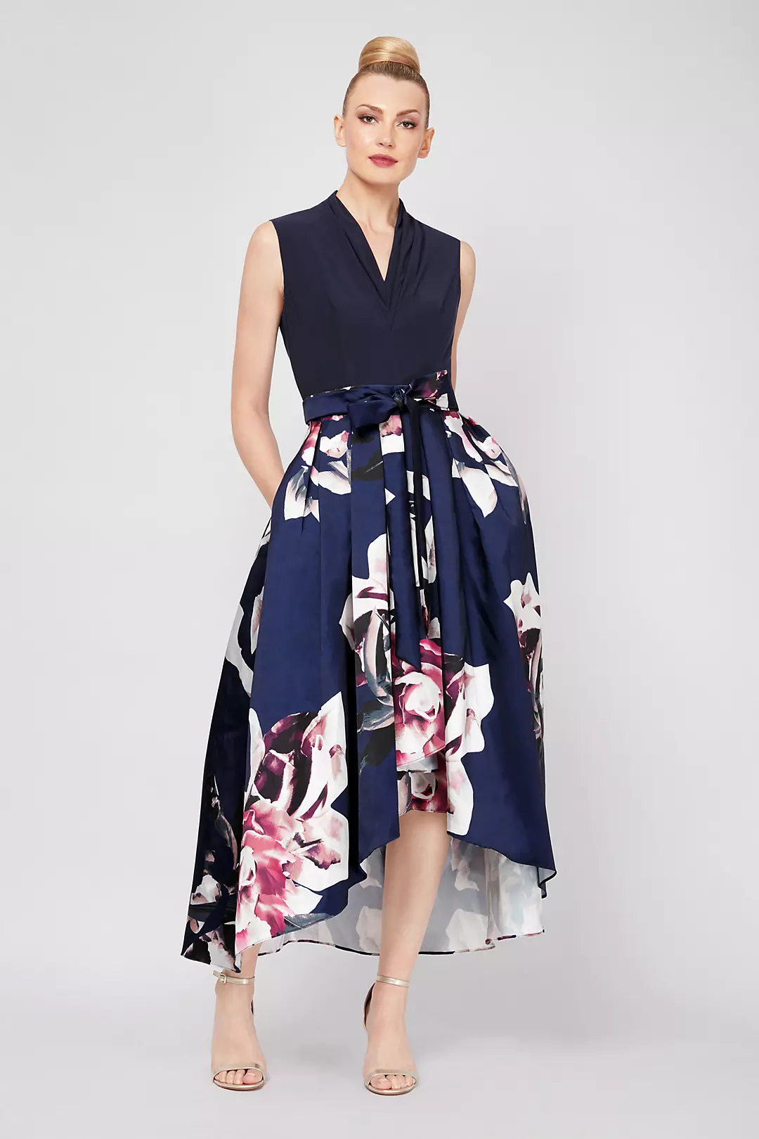 V-Neck Floral Printed Mikado High-Low Ball Gown Image