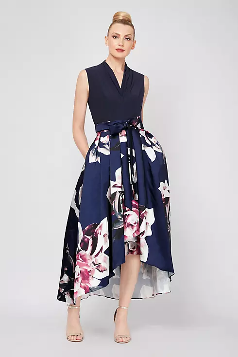 V-Neck Floral Printed Mikado High-Low Ball Gown Image 1