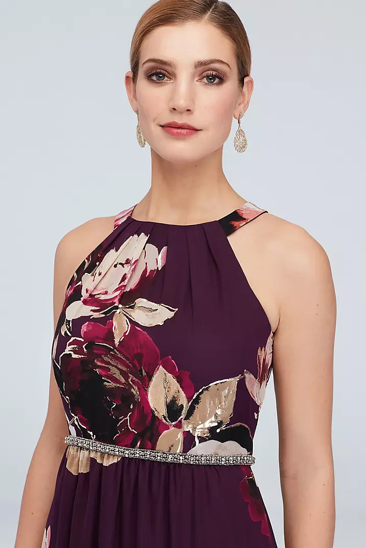Floral Print Chiffon Halter Dress with Beaded Belt | David's Floral Print Chiffon Halter Dress with Beaded Belt | David's