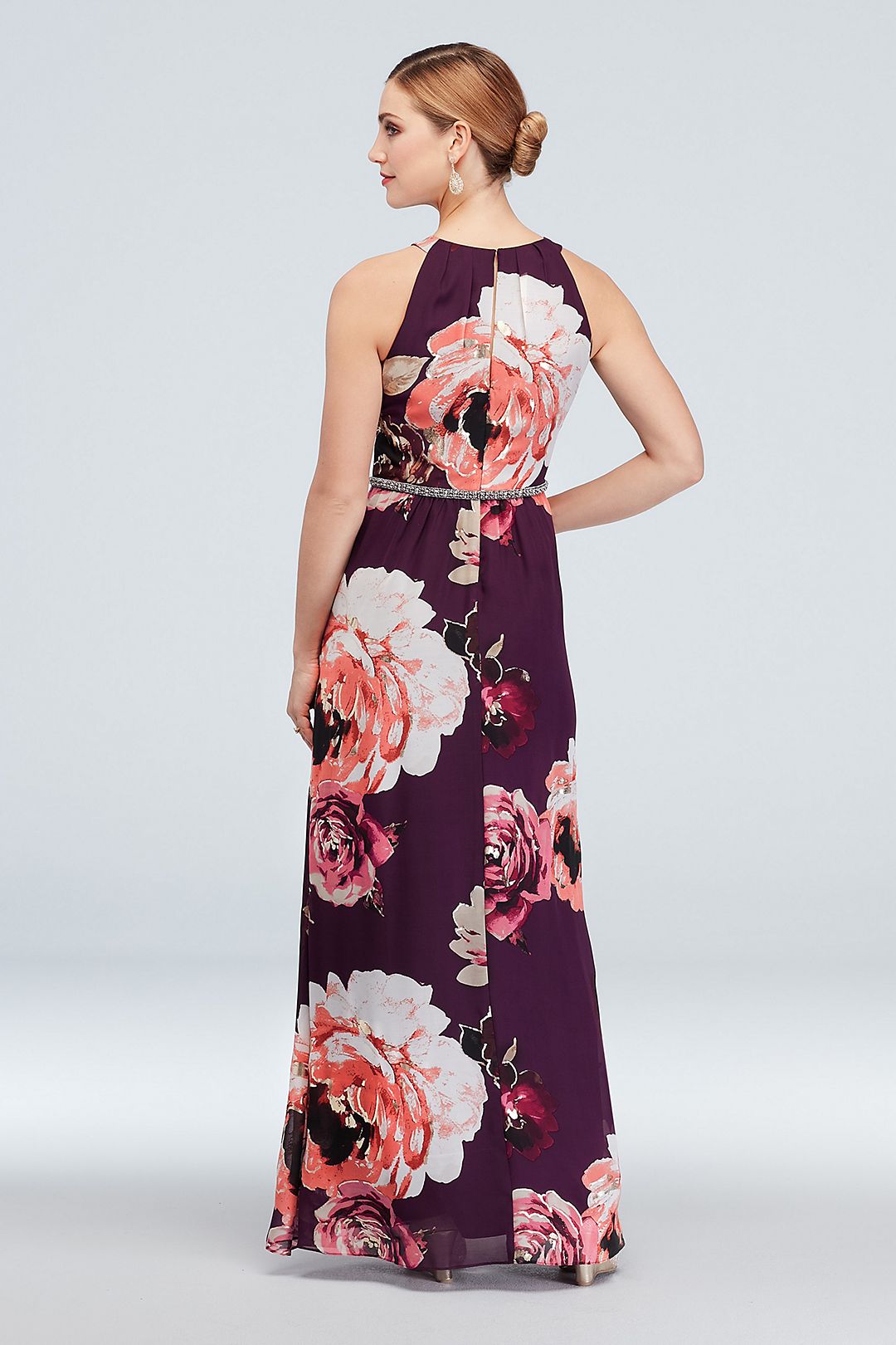 Floral Print Chiffon Halter Dress with Beaded Belt Image 4
