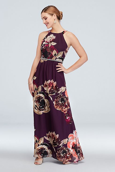 Floral Print Chiffon Halter Dress with Beaded Belt Image