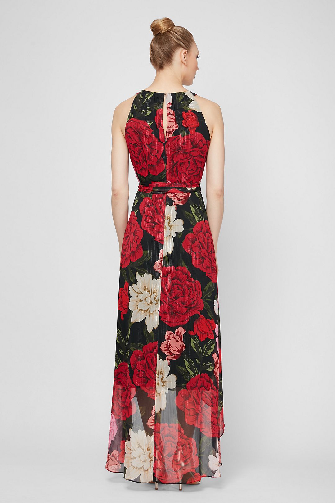 High-Low Floral Chiffon Maxi Dress with Belt Image 2